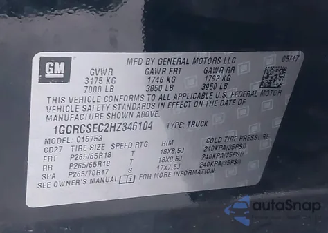 2017 Chevrolet Silverado 1500 1Lz z USA, uszkodzony, nr VIN 1GCRCSEC2HZ346104